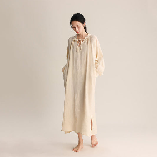 Solid V-neck Bow-Tie Cotton Nightdress - Apricot - L - image 0