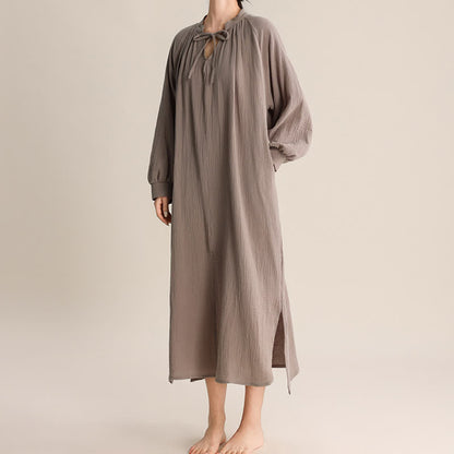 Solid V-neck Bow-Tie Cotton Nightdress - image 9