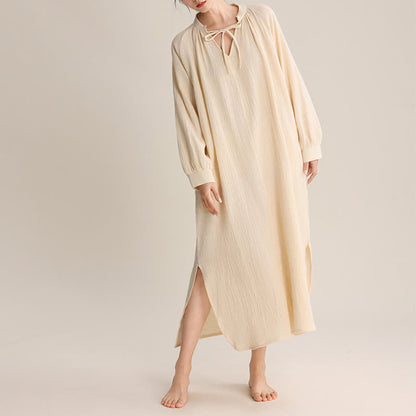 Solid V-neck Bow-Tie Cotton Nightdress - image 2