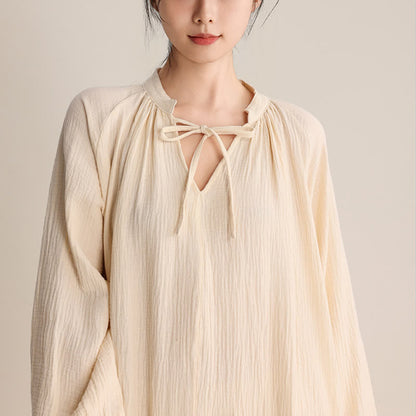 Solid V-neck Bow-Tie Cotton Nightdress - image 3