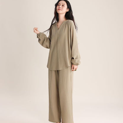 Minimalist V-neck Cotton Loungewear Set - Green - XL - image 8