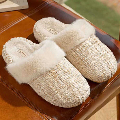 Closed-Toe Plush Warm Slippers - Beige - L - image 3
