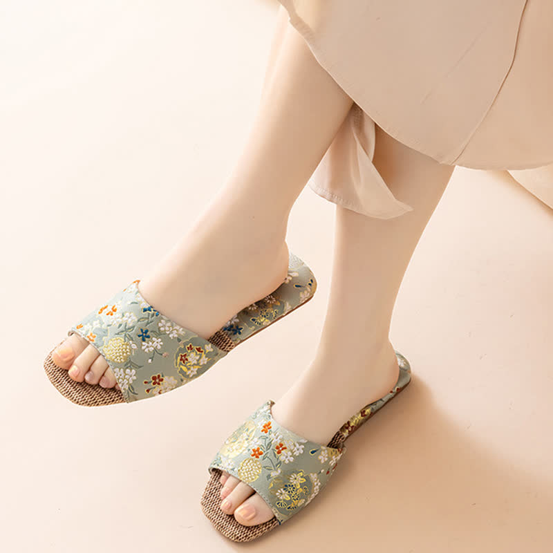 Floral Embroidered Linen House Slippers - image 11