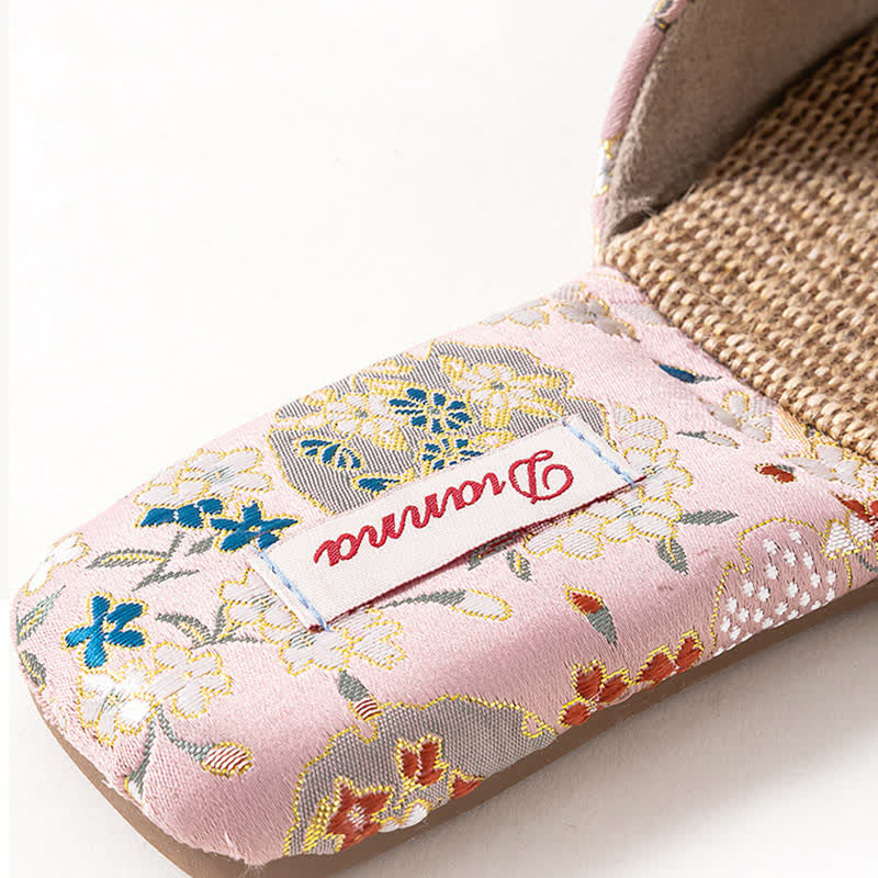 Floral Embroidered Linen House Slippers - image 7
