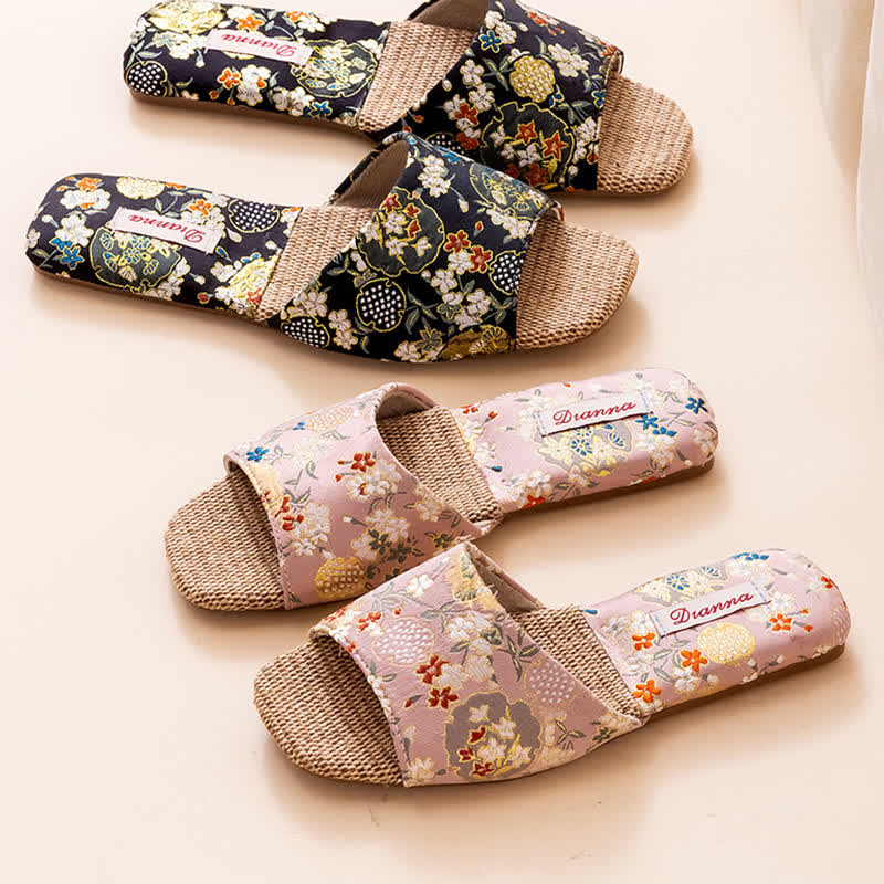 Floral Embroidered Linen House Slippers - image 2
