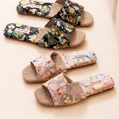 Floral Embroidered Linen House Slippers - image 2