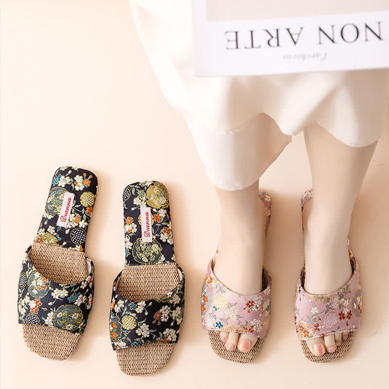 Floral Embroidered Linen House Slippers - image 6
