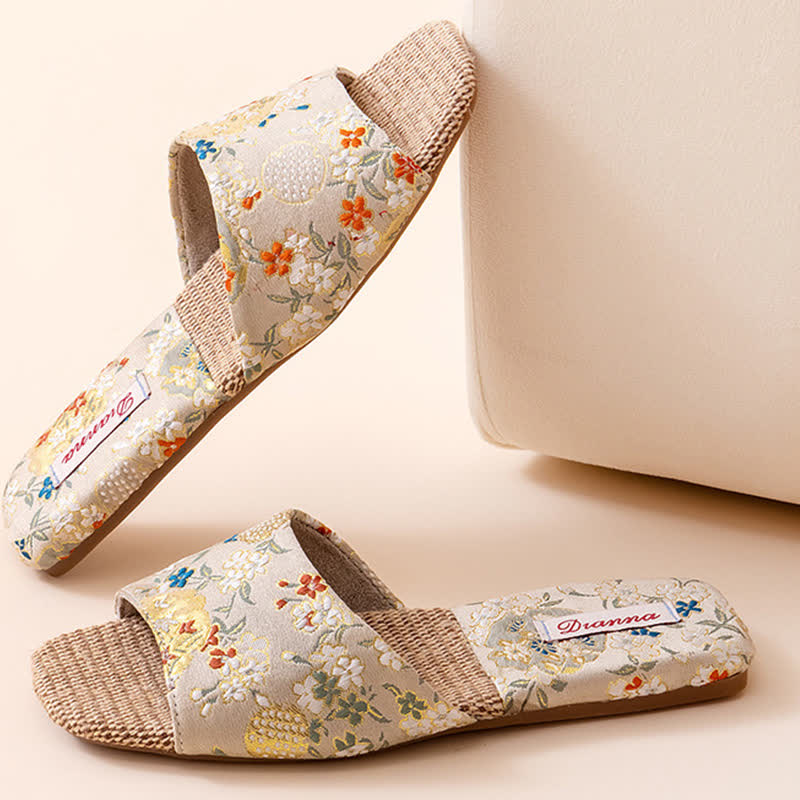 Floral Embroidered Linen House Slippers - Beige - L - image 12