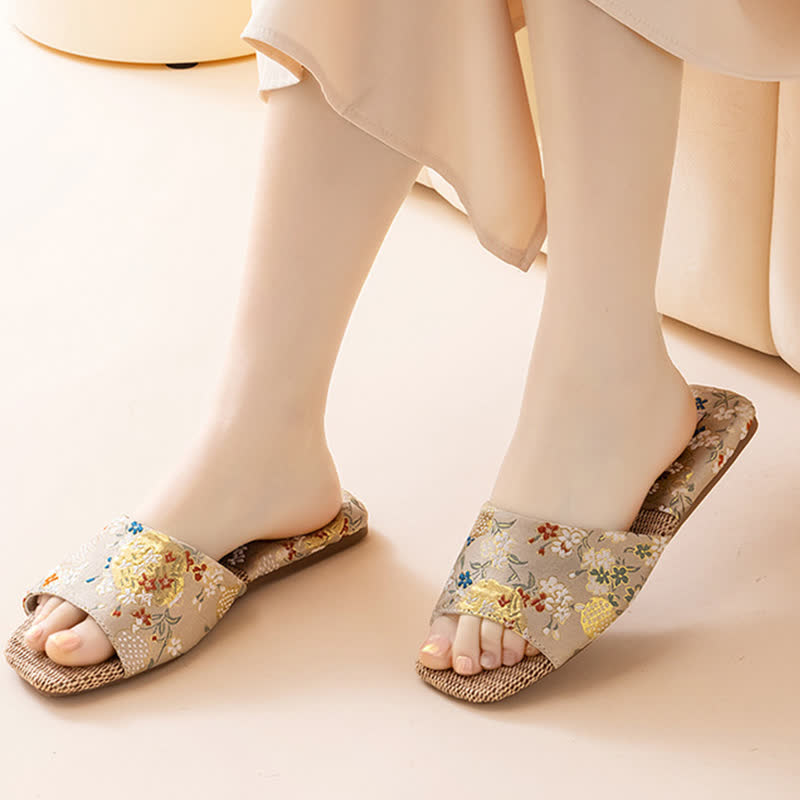 Floral Embroidered Linen House Slippers - image 13