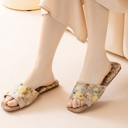 Floral Embroidered Linen House Slippers - image 13