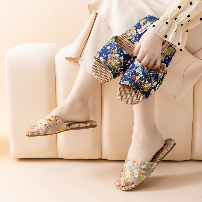 Floral Embroidered Linen House Slippers - image 2
