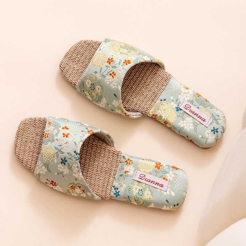 Floral Embroidered Linen House Slippers - Light Green - L - image 9
