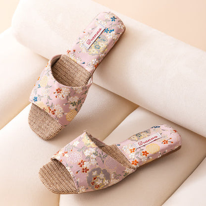 Floral Embroidered Linen House Slippers - Pink - L - image 4