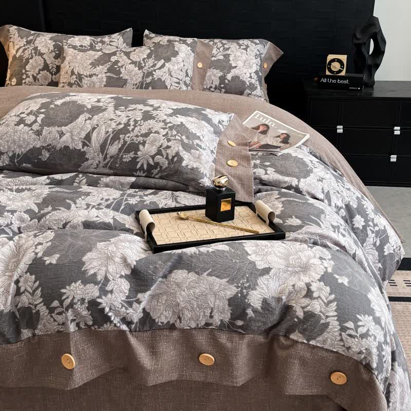 Blooming Flower Linen Button Bedding Set (4PCS) - image 1