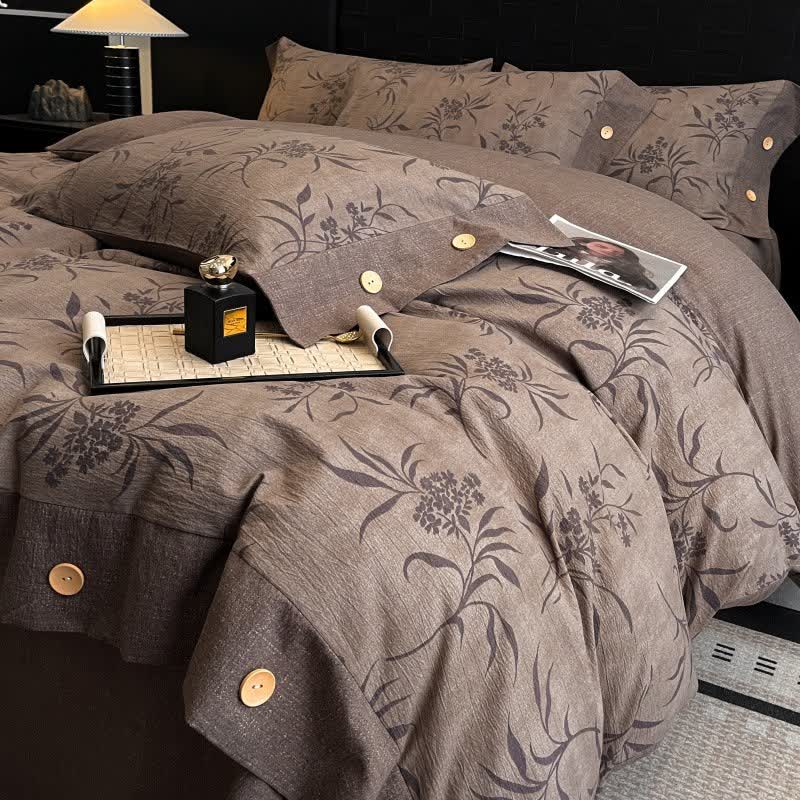 Retro Leaf Linen Button Bedding Set (4PCS) - King - image 0