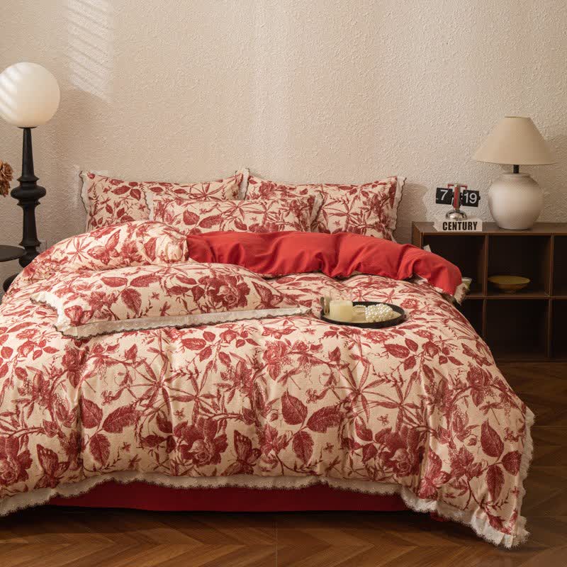 Red Botanical Lace Brushed Cotton Bedding Set - image 2
