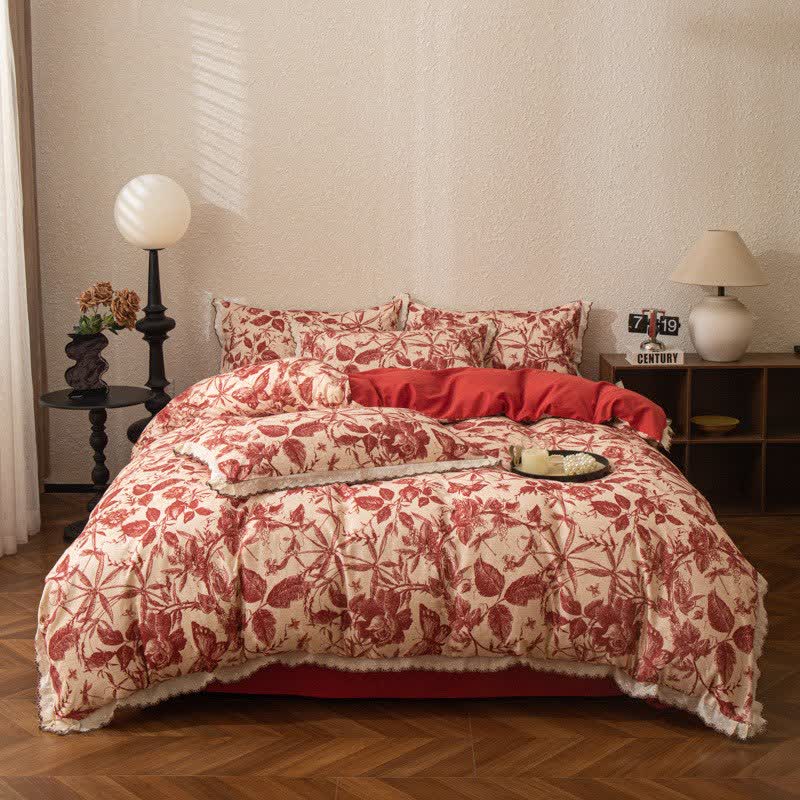 Red Botanical Lace Brushed Cotton Bedding Set - image 1