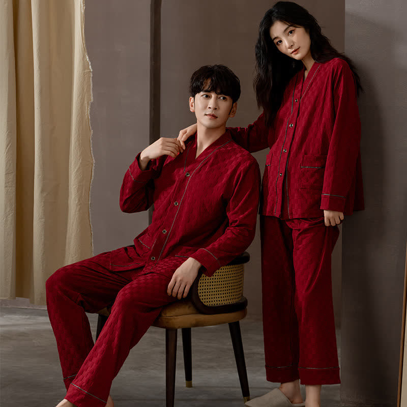 Plaid Couple Matching Cotton Pajama Set - Red - Men:3XL - image 0