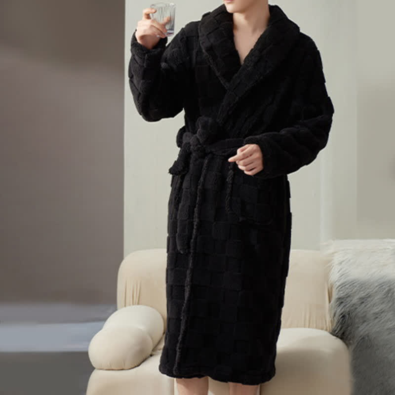 Couple Matching Plaid Textured Fleece Robe - Black - Men:XXXL - image 17