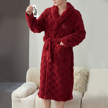Couple Matching Plaid Textured Fleece Robe - Red - Men:XXXL - image 10