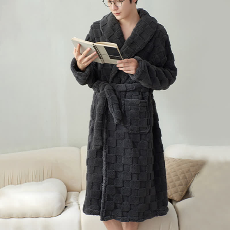 Couple Matching Plaid Textured Fleece Robe - Gray - Men:XXXL - image 12