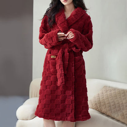 Couple Matching Plaid Textured Fleece Robe - Red - Women:XXL - image 9
