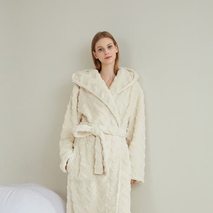 Unisex Wavy Textured Hooded Bathrobe - Beige - 2XL - image 5