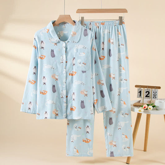 Cartoon Cat Brushed Cotton Loungewear Set - As Picture - XL - image 0