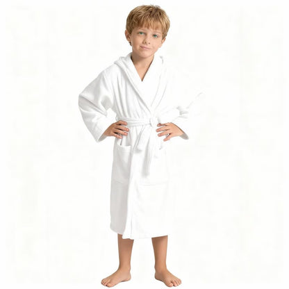 Solid Hooded Cotton Child Bathrobe - White - L - image 1