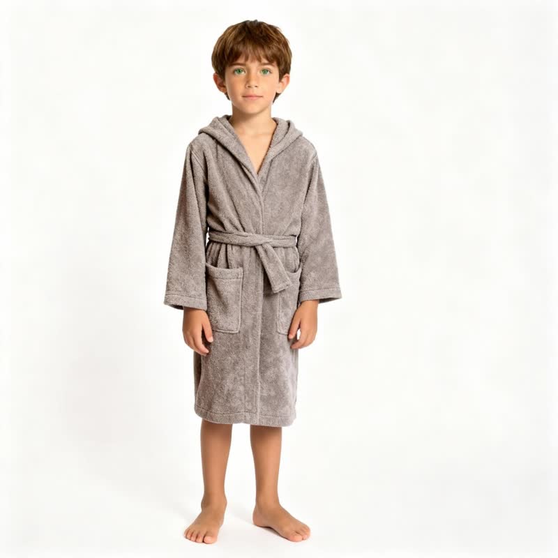 Solid Hooded Cotton Child Bathrobe - Grey - L - image 9