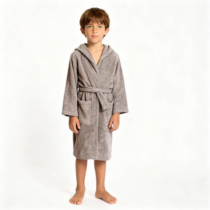 Solid Hooded Cotton Child Bathrobe - Grey - L - image 9