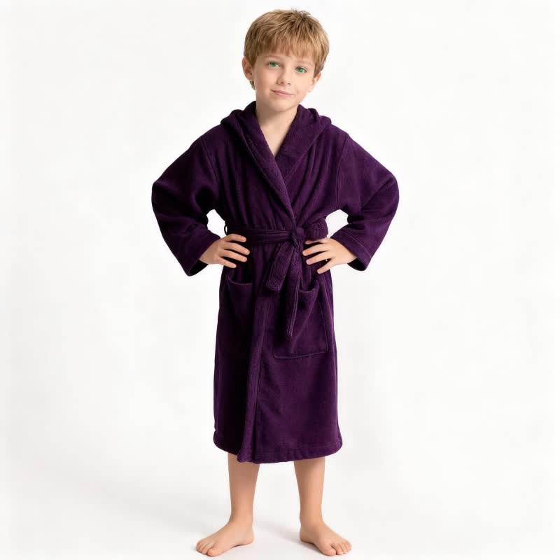 Solid Hooded Cotton Child Bathrobe - Purple - L - image 6