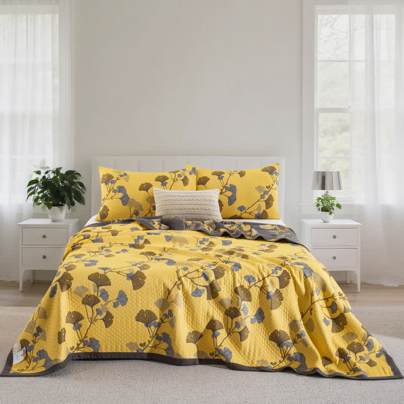 Ginkgo Leaf Organic Cotton Reversible Quilt - Light Yellow - 2PCS Pillowcases - 20" x 36" - image 18
