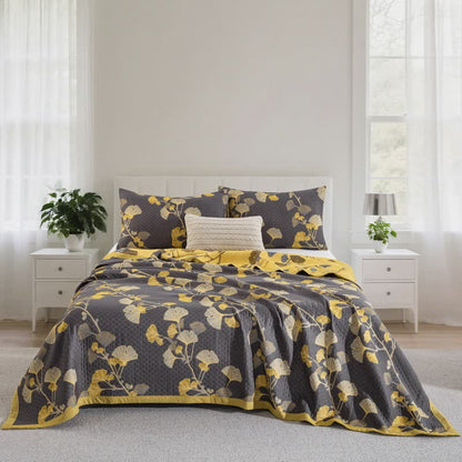 Ginkgo Leaf Organic Cotton Reversible Quilt - Dark Grey - 2PCS Pillowcases - 20" x 36" - image 26