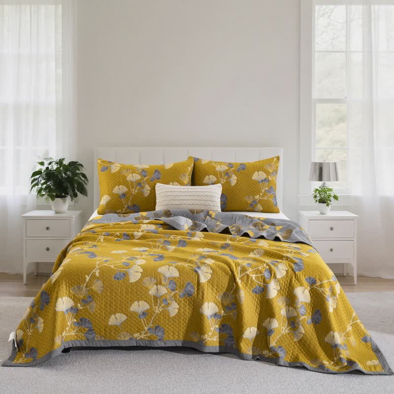 Ginkgo Leaf Organic Cotton Reversible Quilt - Dark Yellow - 2PCS Pillowcases - 20" x 36" - image 34