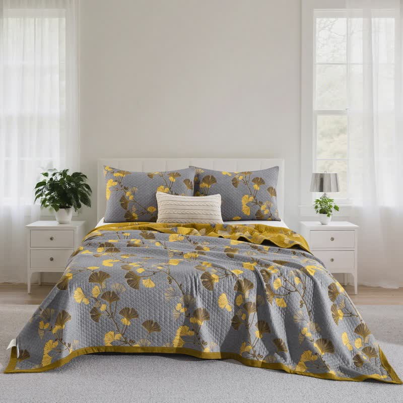 Ginkgo Leaf Organic Cotton Reversible Quilt - Light Gray - 2PCS Pillowcases - 20" x 36" - image 41
