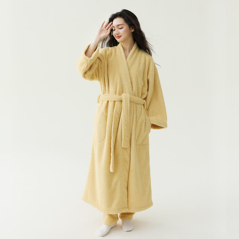 Minimalist Style Solid Plush Robe - Yellow - Bathrobe with Pants - XL - image 1