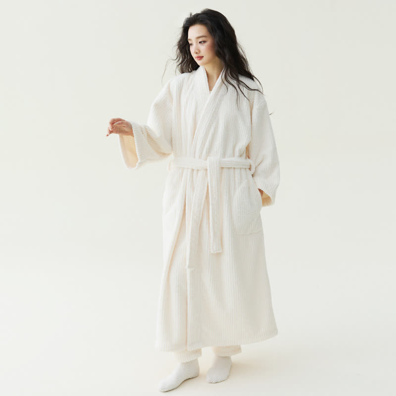 Minimalist Style Solid Plush Robe - Beige - Bathrobe with Pants - XL - image 2