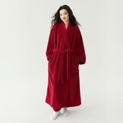 Minimalist Style Solid Plush Robe - Red - Bathrobe with Pants - XL - image 0