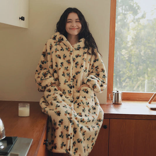 Rustic Floral Hooded Button Plush Robe - Beige - XL - image 0