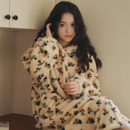 Rustic Floral Hooded Button Plush Robe - image 2