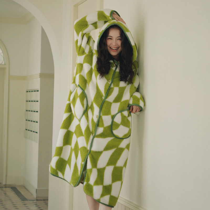 Geometric Pattern Hooded Button Plush Robe - image 1