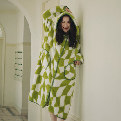 Geometric Pattern Hooded Button Plush Robe - image 1