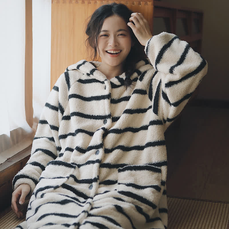 Classic Striped Hooded Button Plush Robe - Black & White - XL - image 0