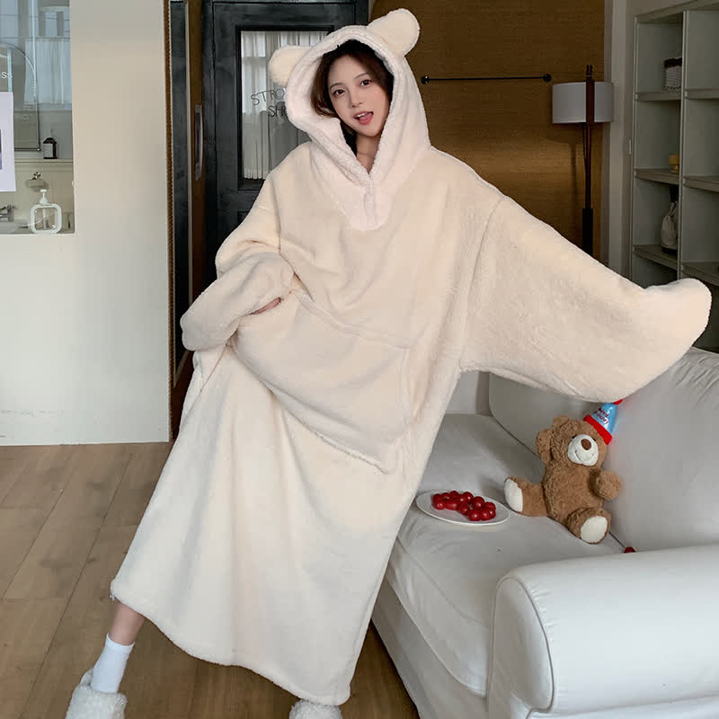 Solid Plush Robe with Bear-Ear Hood - White - XXL - image 1