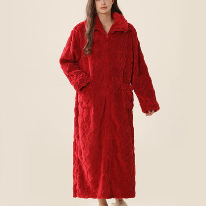 Diamond Textured Zip-Up Plush Robe - Wine - XL - image 10