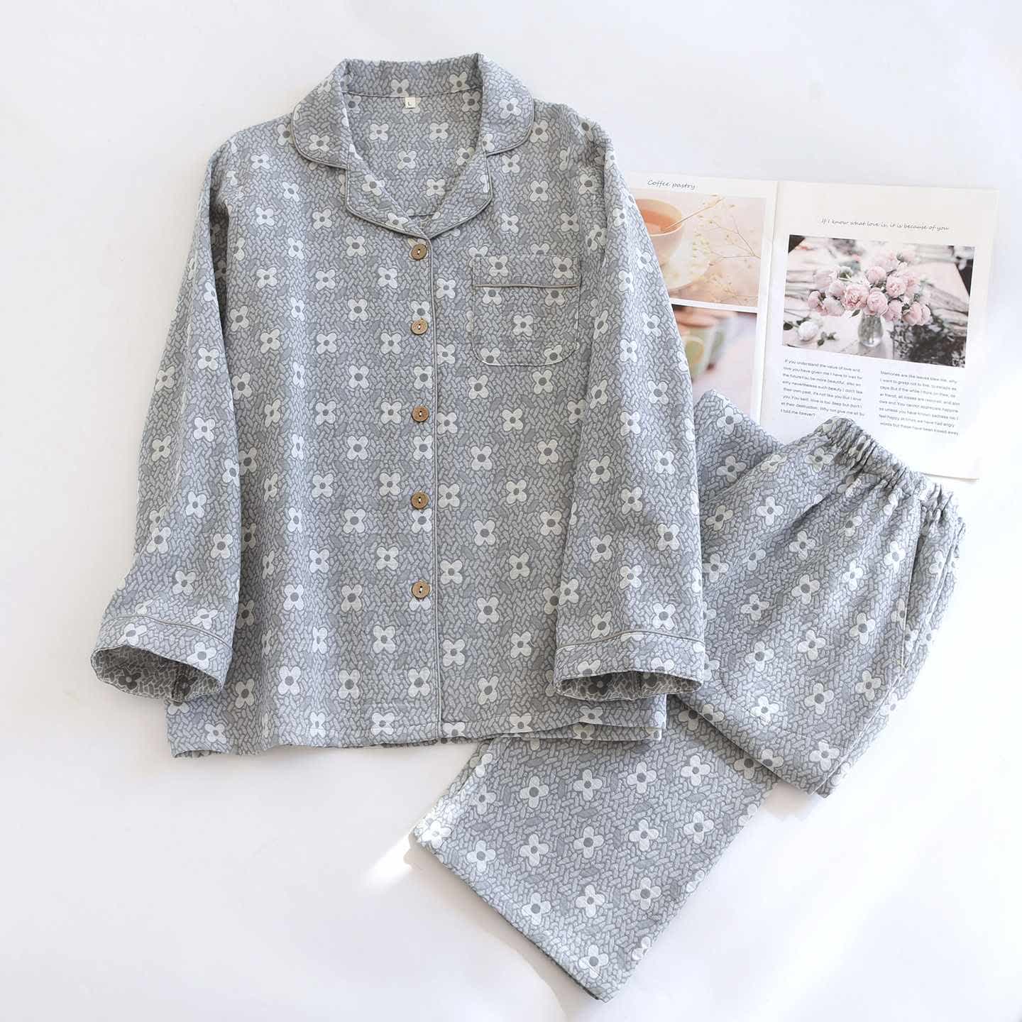 Four-leaf Clover Inspired Cotton Loungewear Set - Blue - XL - image 14