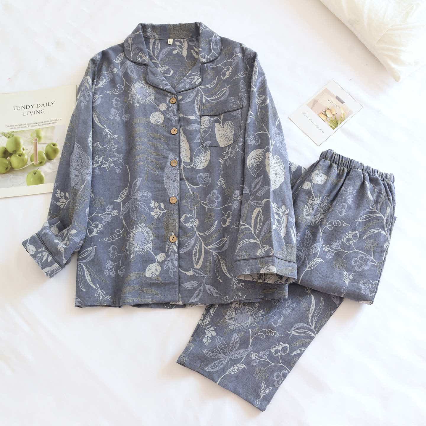 Elegant Floral Leaf Cotton Loungewear Set - Blue - XL - image 0