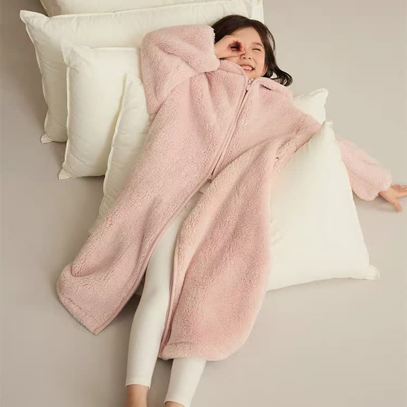 Solid Hooded Zip-up Plush Child Robe - Pink - Child:170cm - image 2