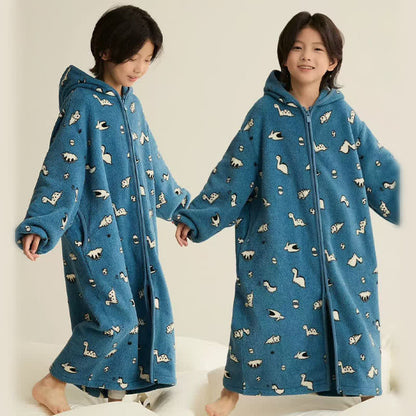 Animal Print Hooded Zip-up Plush Child Robe - Blue - Child:170cm - image 4